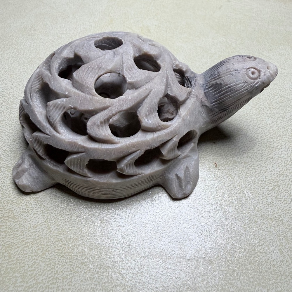 Vintage Hand Carved Soapstone Turtle Figurine India Lattice Baby Turtle Inside